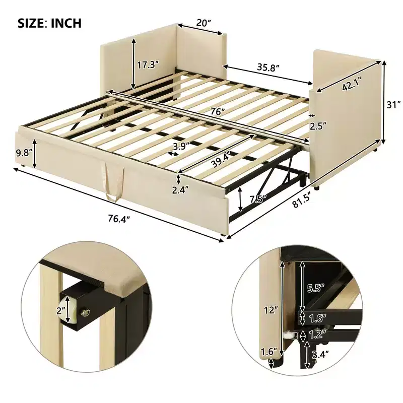 Luxystar Twin Size Upholstered daybed with Pop Up Trundle for Living Room and Guest Room