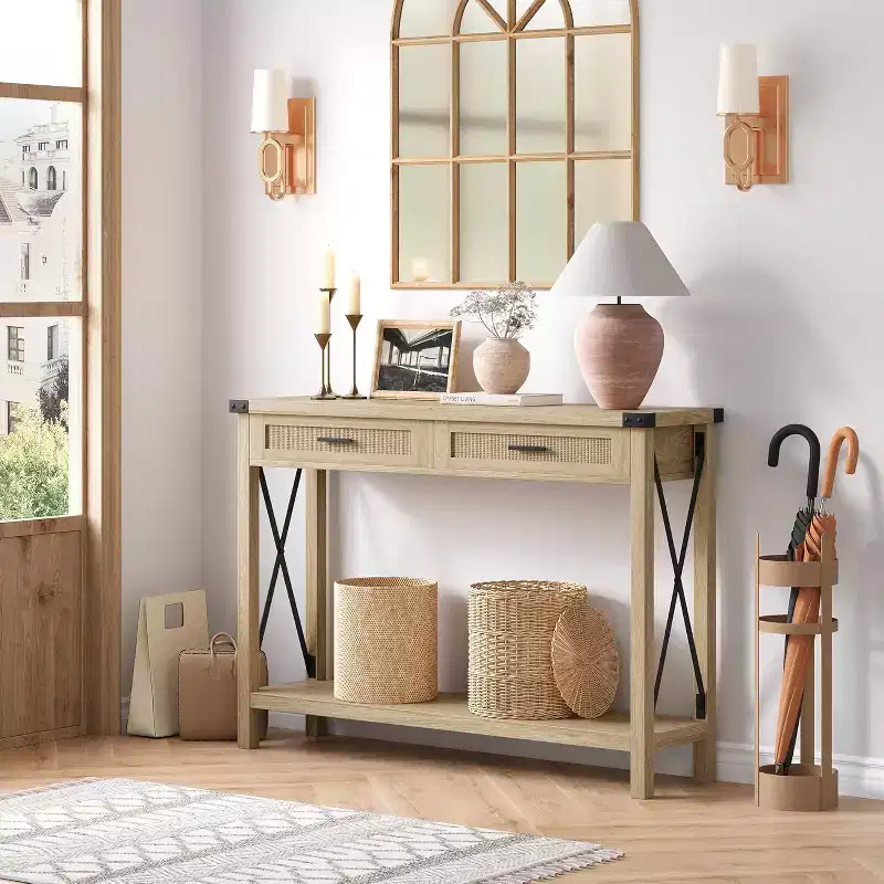 Boho Interior Style Console with Rattan Drawers  110 cm Wooden Entryway and Sofa Table with Storage for Living Room, Hallway and Hallway
