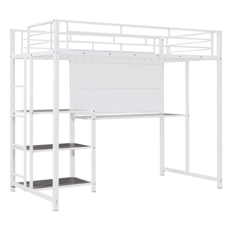 Metal Bed Frame Kids Loft Bed with Desk and Whiteboard, 3 Shelves and Ladder, Metal Slat Support