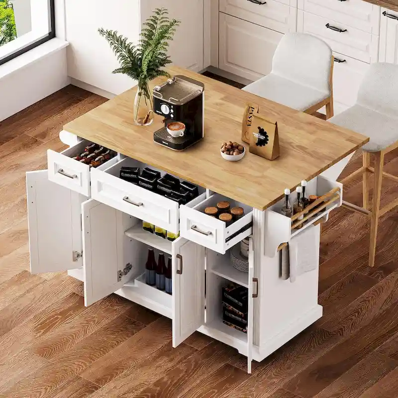 White 54" Rustic Rolling Kitchen Island with Drop Leaf