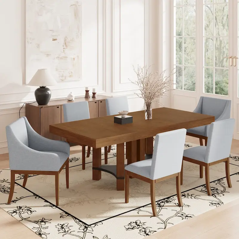 Rustic Style 7-Piece Extendable Dining Table Set with Removable Leaf, 2 Arm Chairs and 4 Armless Chairs
