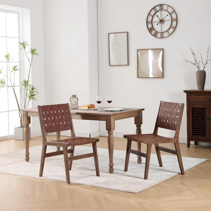 Woven Leather Strap Dining Chair with Solid Wood Frame, Black & Brown