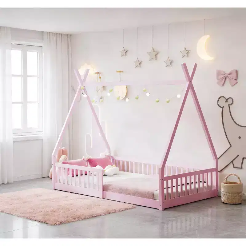 Bellemave Twin Size Tent Floor Bed Frame with Fence Guardrails, Wooden House Bed for Playroom & Bedroom.