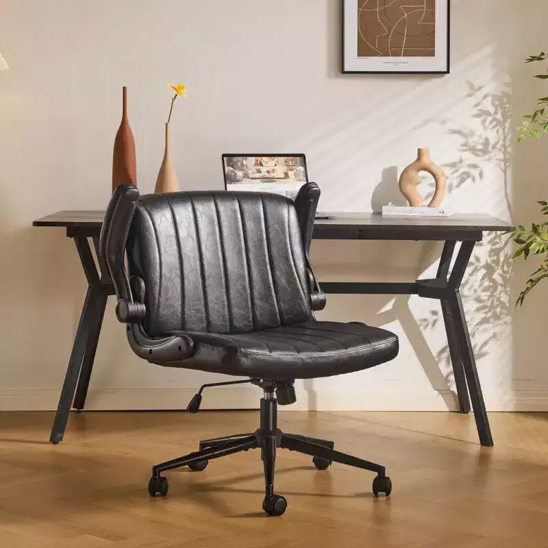 Oil-Waxed Leather Swivel Chair with Flip-Up Armrests �C Ergonomic, 360�� Swivel