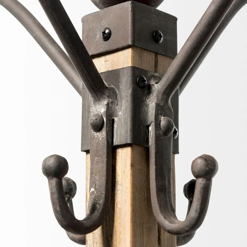 22 x 75 Black Metal and Light Brown Wood Coat Rack
