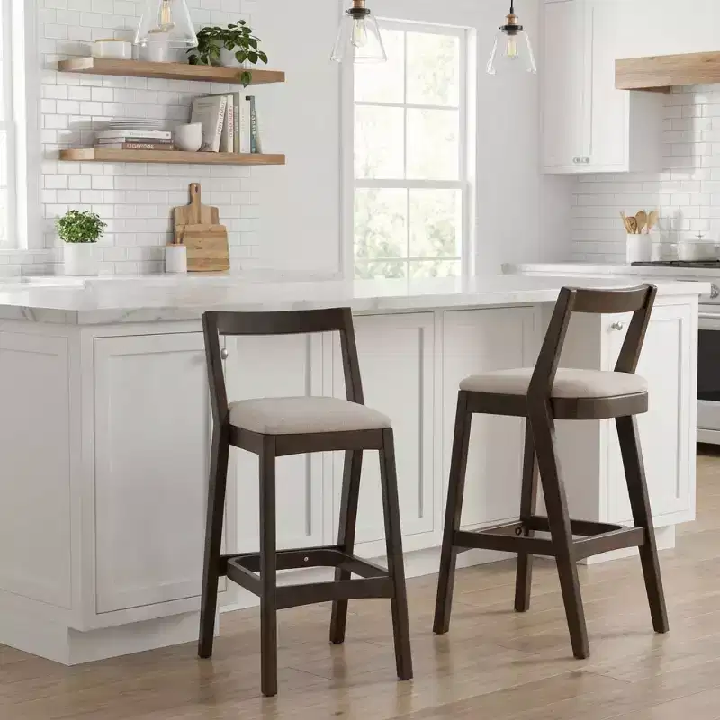 Set of 2 Modern Wooden Bar Stools with Curved Back, Beige Upholstered Seat, 30 Seat Height Stools for Kitchen Island or Home Bar-Panipeachy