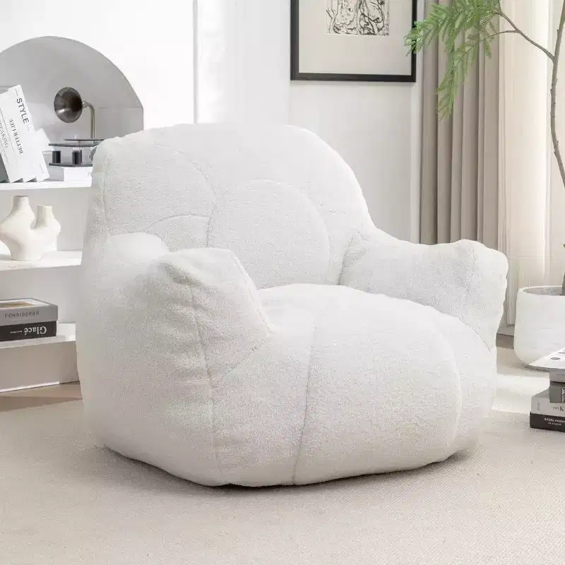 Okak Easy Clean Bean Bag Chair,Water-Resistant Teddy Lounger Beanbag Chair with Tufted Memory Foam,Thick Back & Armrests,White