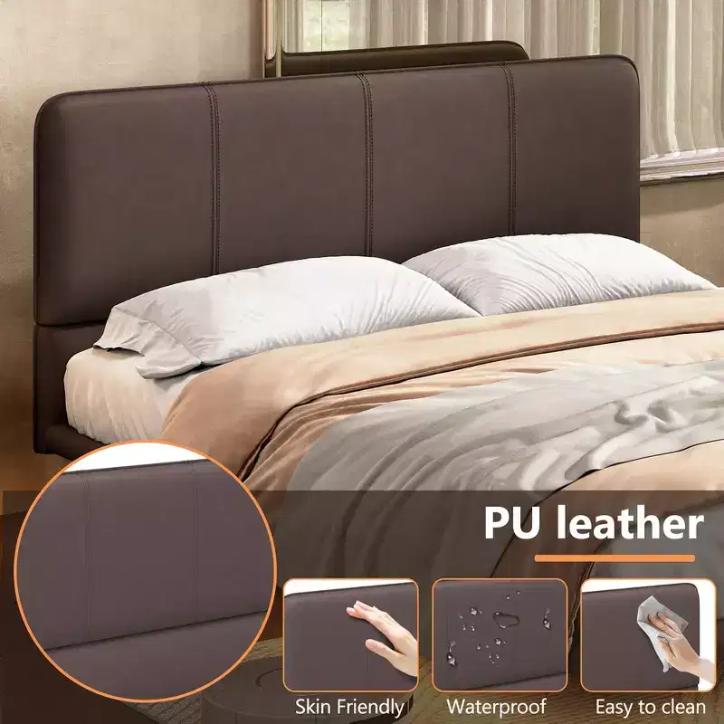 Floating Platform Bed with LED Lights and PU Leather Upholstery
