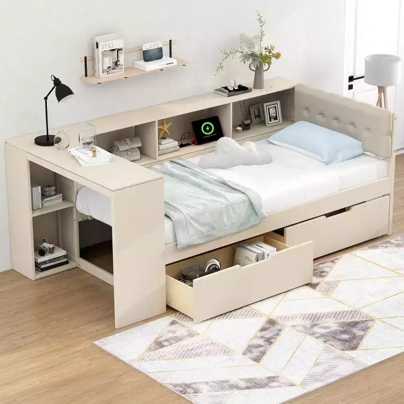 Platform Bed with L-Shape Bookcase Headboard and Drawers, Wooden Daybed Frame with Charging and Upholstered Headboard, Cream