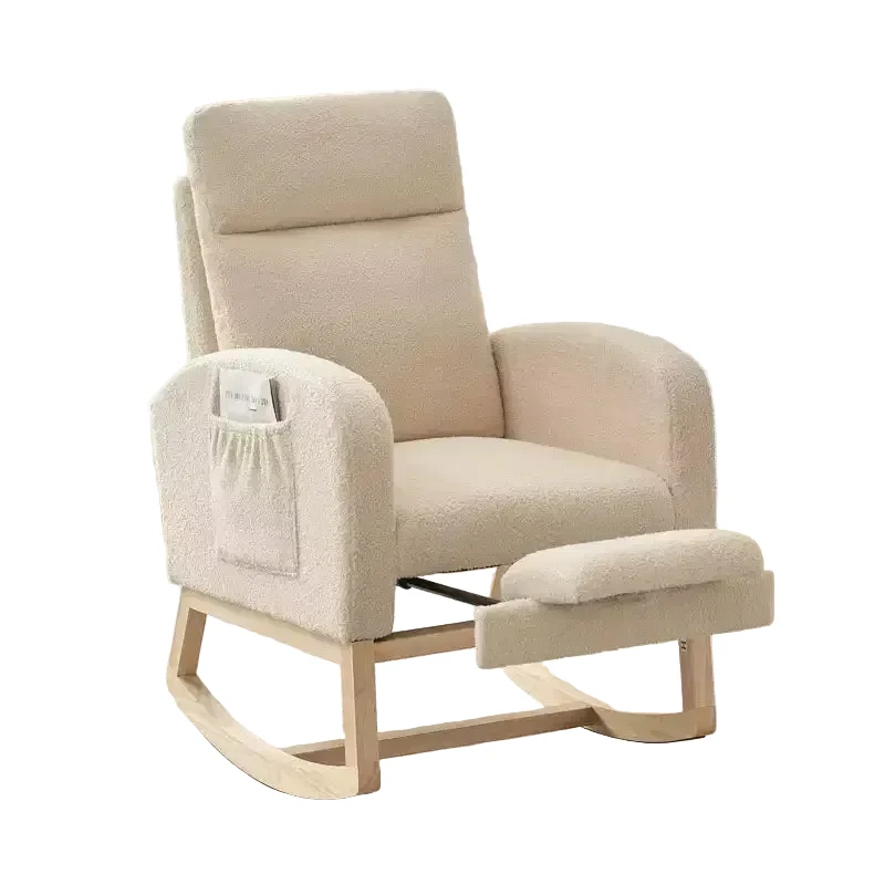 Upholstered Nursery Rocking Chair with High Backrest and Side Pockets