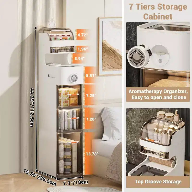 Slim Bathroom Cabinet, 7-Tier Narrow Storage Cabinet- with Waterproof Organizers&Tissue Box Holder&Wheels, Ideal for Bathroom, Kitchen, Laundry