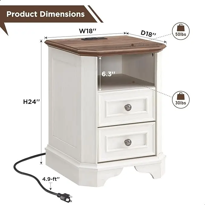 18 Farmhouse Nightstand with Charging Station, End Table,Side Table