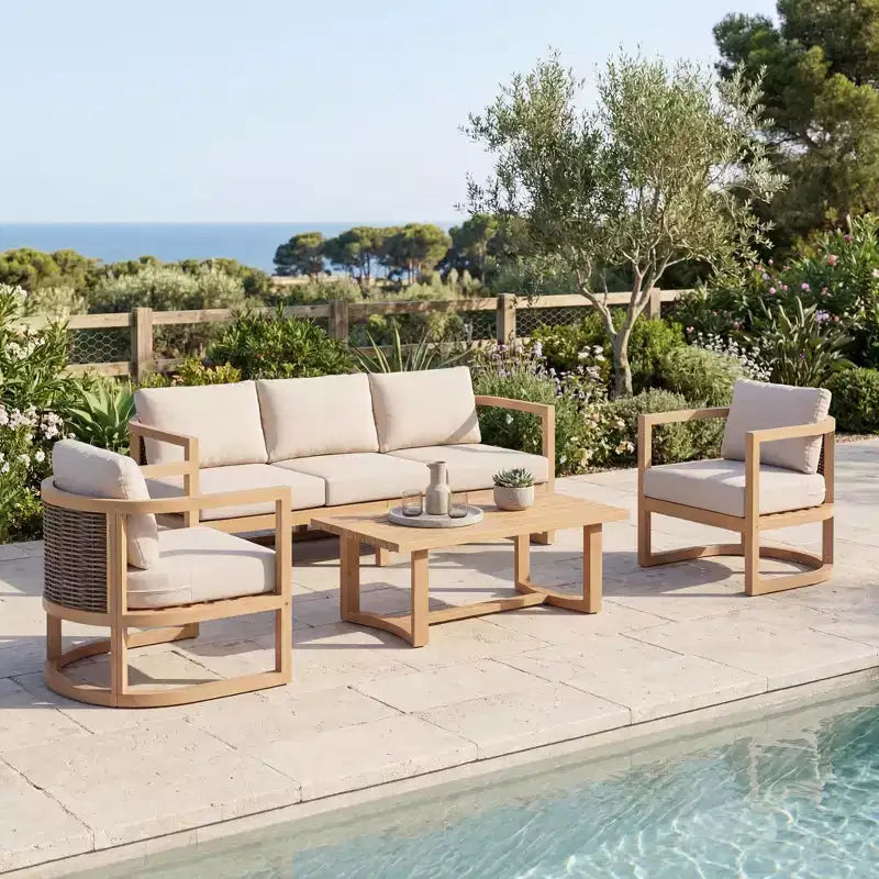 Christopher Knight Home Susan 4 Piece Patio Farmhouse Acacia Wood Rattan Seating Set with Slatted Table