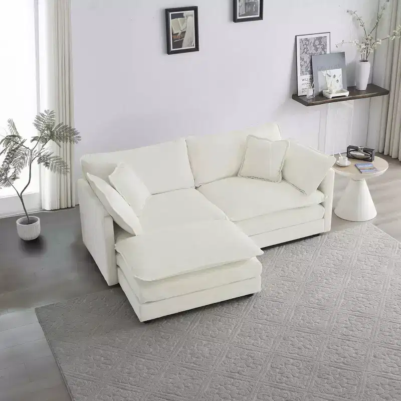 MAYEERTY Chenille Two Seater Sofa with Footrest Ottoman L Shaped Sectional for Small Living Room White