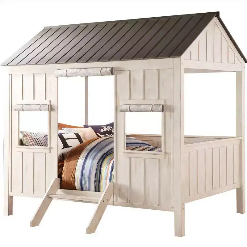 84" Full Bed Spring Cottage Bed Weathered White Washed Gray - Acme Furniture: Canvas Upholstery, Chrome Frame, Adjustable Size