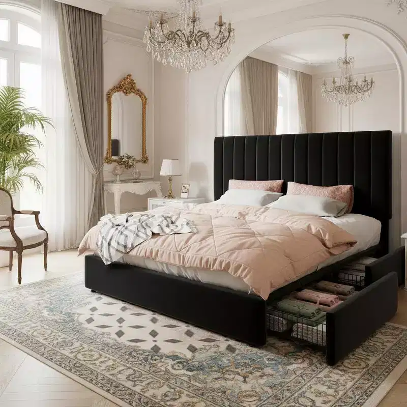 Bed Frame with 4 Storage Drawers and Velvet Upholstered Headboard