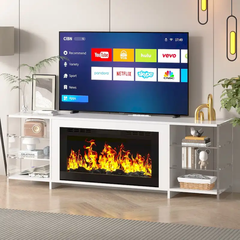 VECELO 70 Rustic TV Stand without/with Fireplace Heater(2 Options),Media Entertainment Center Table with Storage Shelves