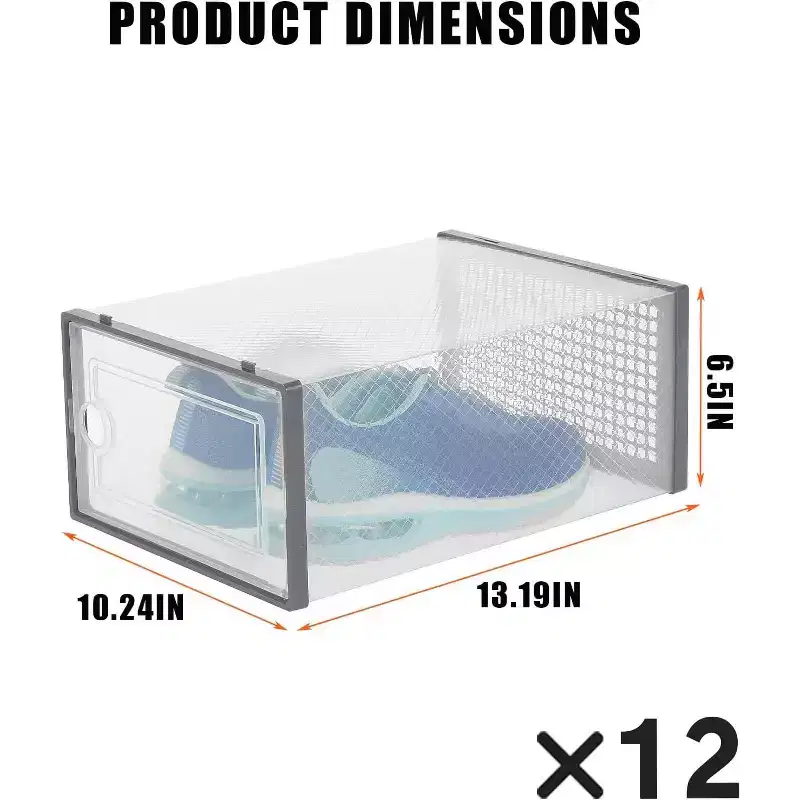 12-Pack X-Large Clear Storage Boxes with Lids - Stackable Organizers for Shoes, Toys, Closet & Under-Bed, Gray