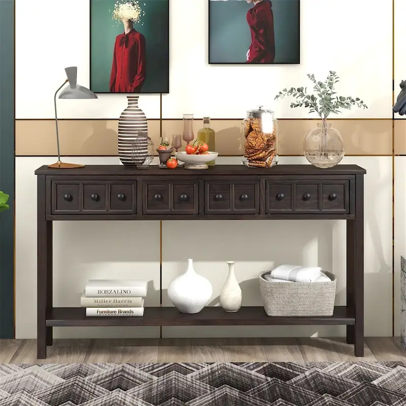 60 Long Console Table with Different Size Drawers and Bottom Shelf