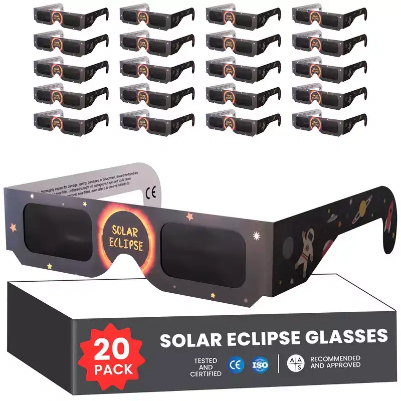 Solar Eclipse Glasses Approved 2024 (20 Pack) CE and ISO Certified Solar Eclipse Observation Glasses Safe Shades for Direct Sun Viewing