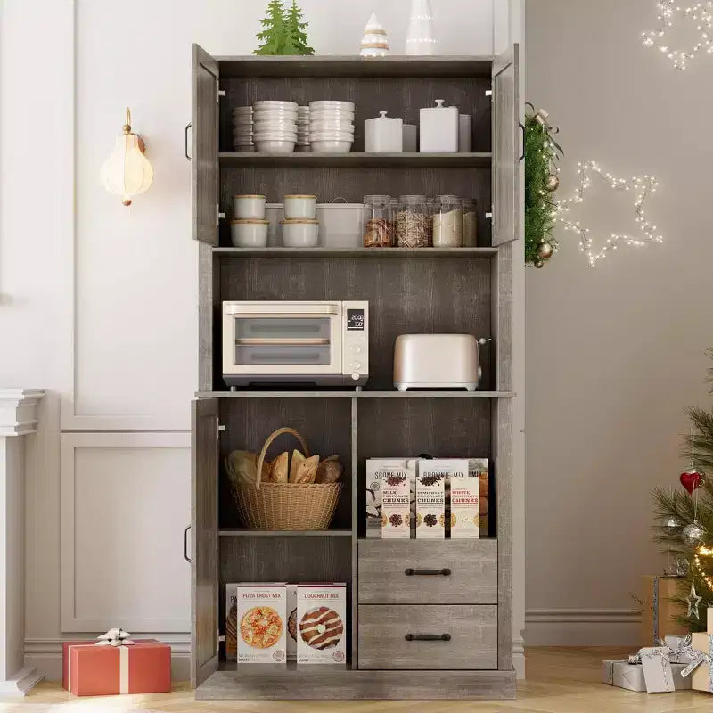 Tall Freestanding Pantry Cabinet with 2 Drawers, 3 Cabinet Doors and Open Microwave Shelf