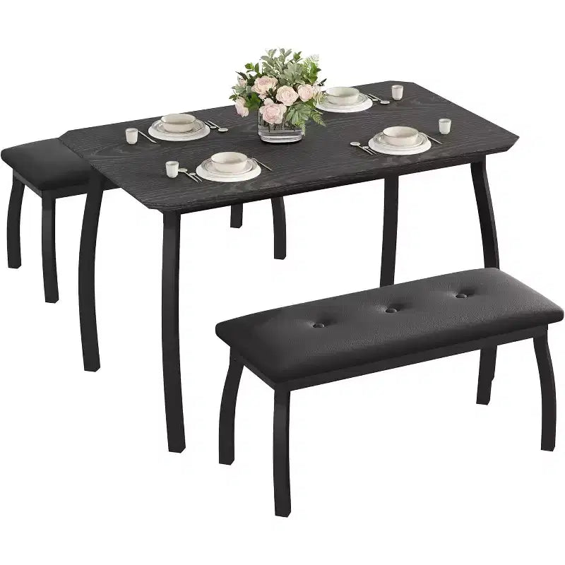 3-Piece Dining Table Set, Rectangular Wooden Kitchen Table with 2 Upholstered Benches, Space-Saving Farmhouse Dinette Set