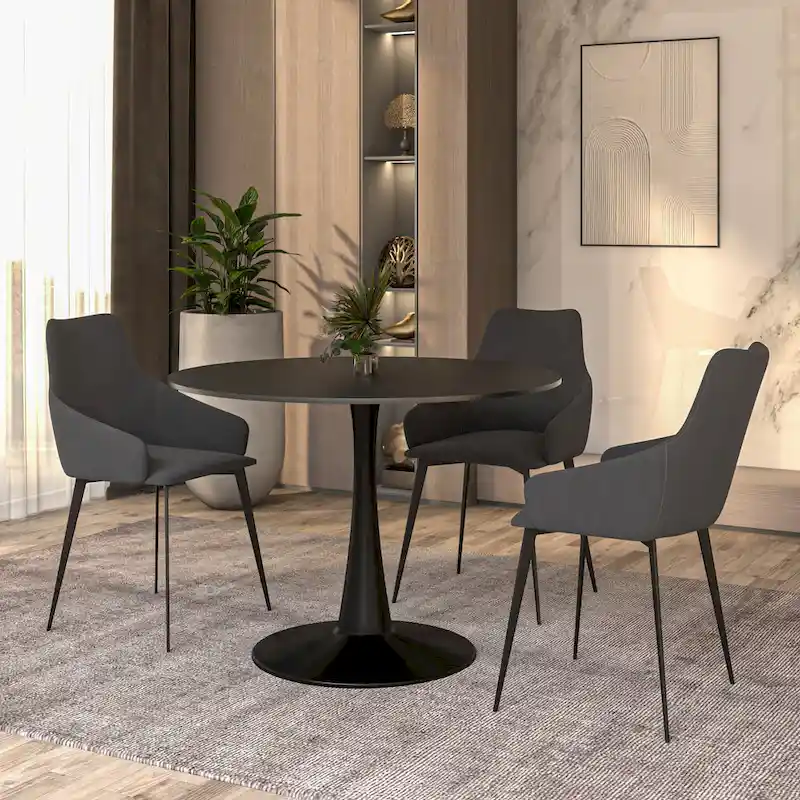 40 Round Dining Table for 4 with MDF Wood Tabletop in Black Steel Base for Kitchen & Dining Room