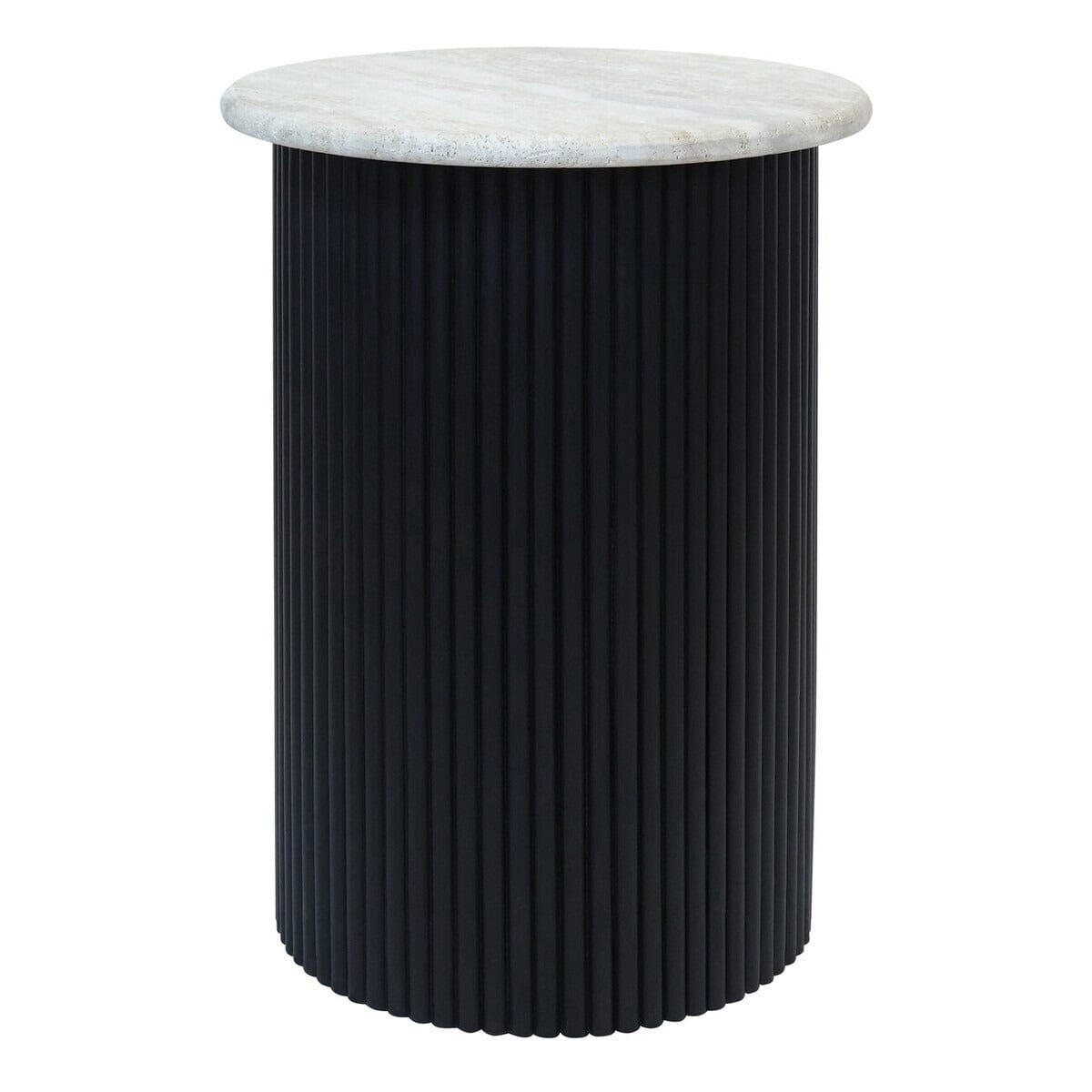 Black Ribbed Side Table with Marble Top