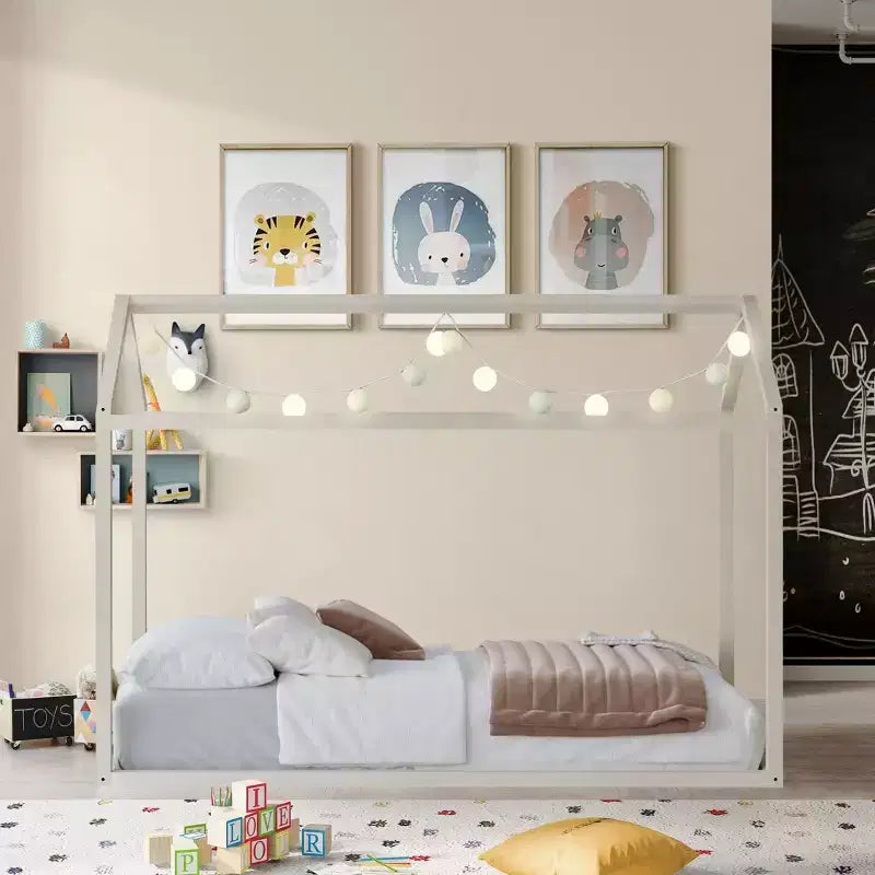 Kids Wooden Canopy Bed Frame, House-Shaped, Twin Size