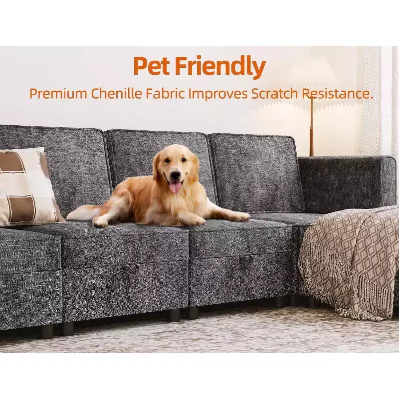Sofa, 7-Seat U-Shaped Modular Sectional with Ottomans  Chenille Sleeper Couch with Storage/Chaise Adjustable Backrest for Living Room Grey