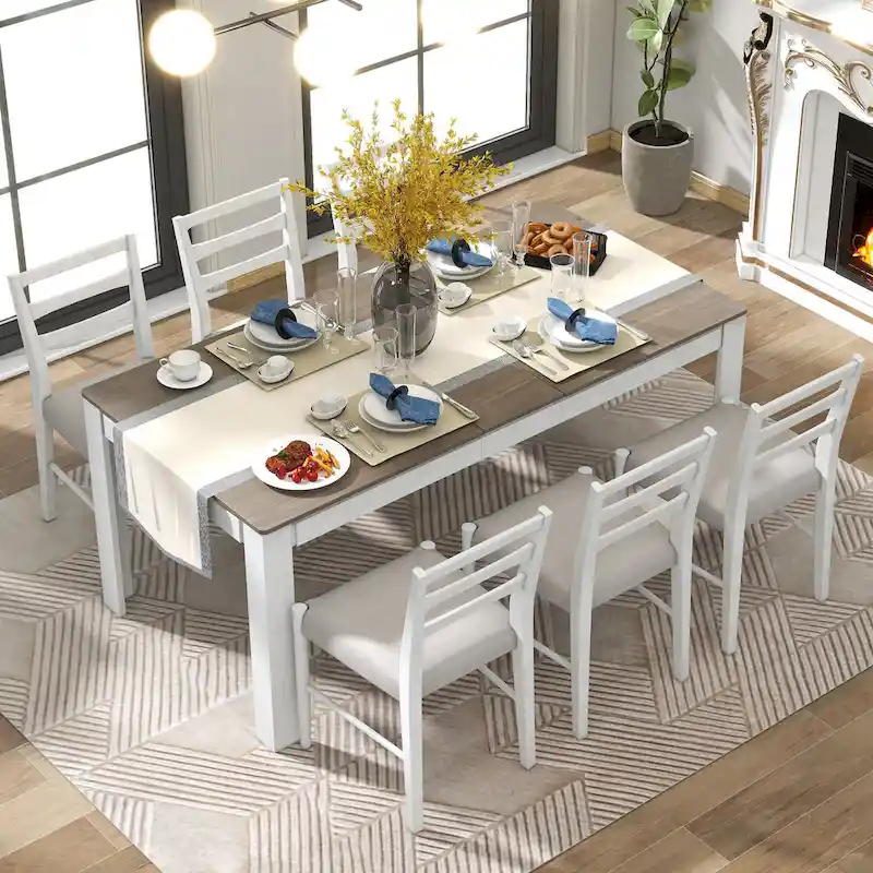 7-Piece Wooden Dining Table Set with 12 Leaf