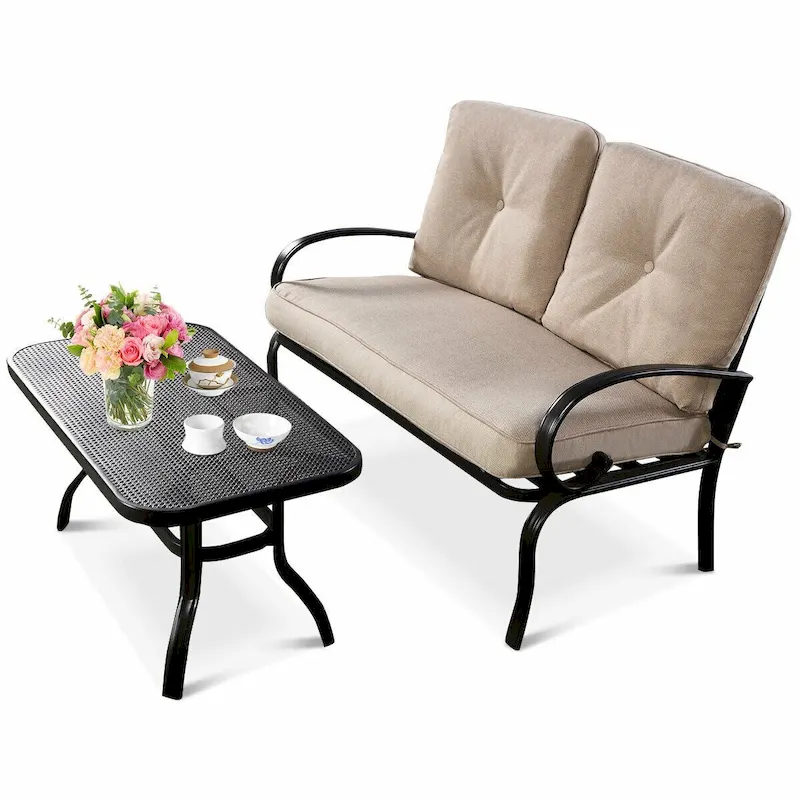 Costway 2 Pcs Patio LoveSeat Coffee Table Set Furniture Bench With - See Details
