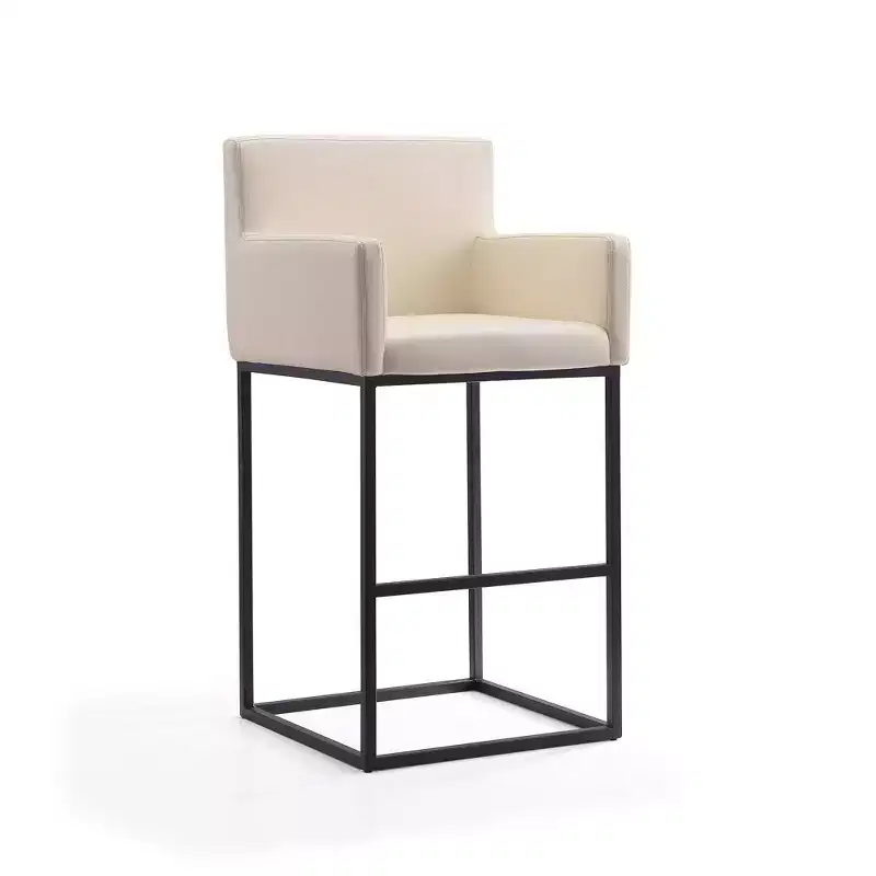 Cream / Gray Faux Leather Upholstered Barstool with Arms, Fixed Height, Seats 1
