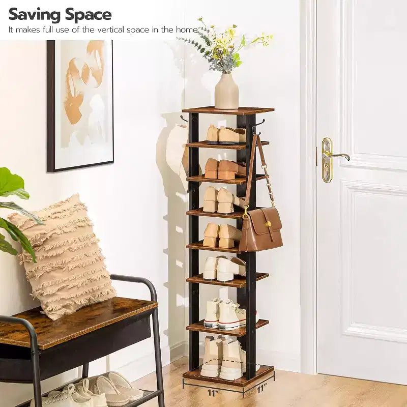 8 Tiers Vertical Shoe Rack, Narrow Wooden Shoe Storage Organizer with Hooks, Space-Saving Shoe Tower Holds 8 Pairs