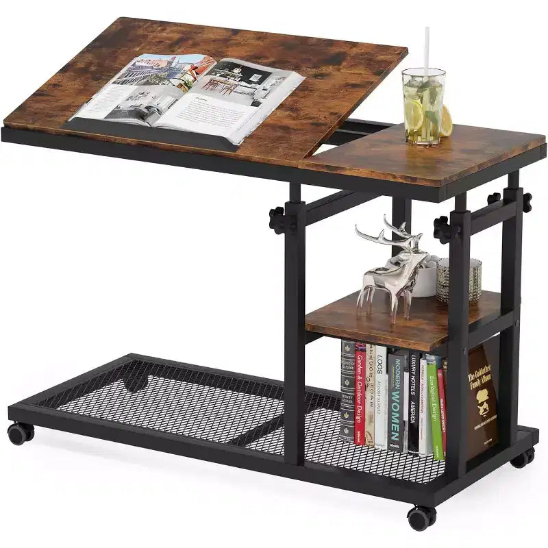 Height Adjustable End Table, C-Type Side Table with Wheels