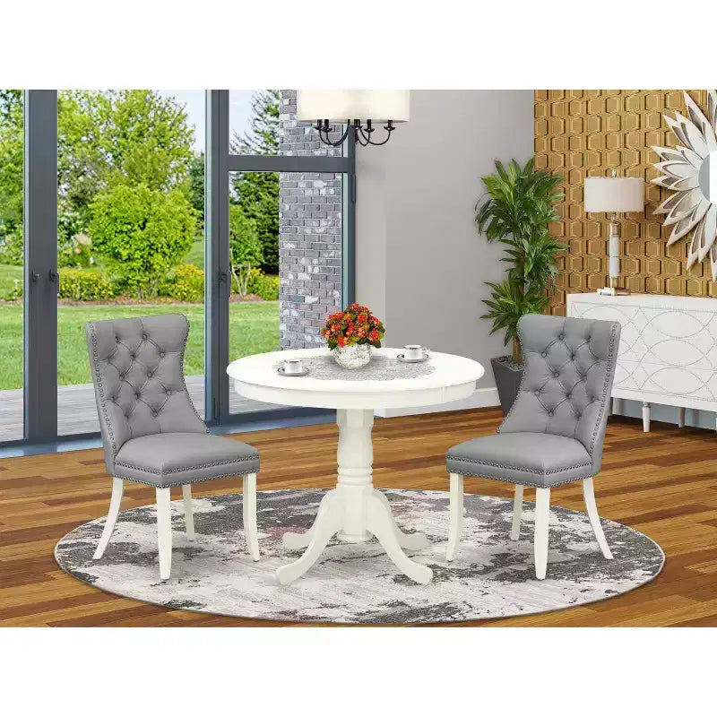 3-Piece Linen White Finish Solid Wood Top - Round Upholstered Dining Room Set - Seats-4