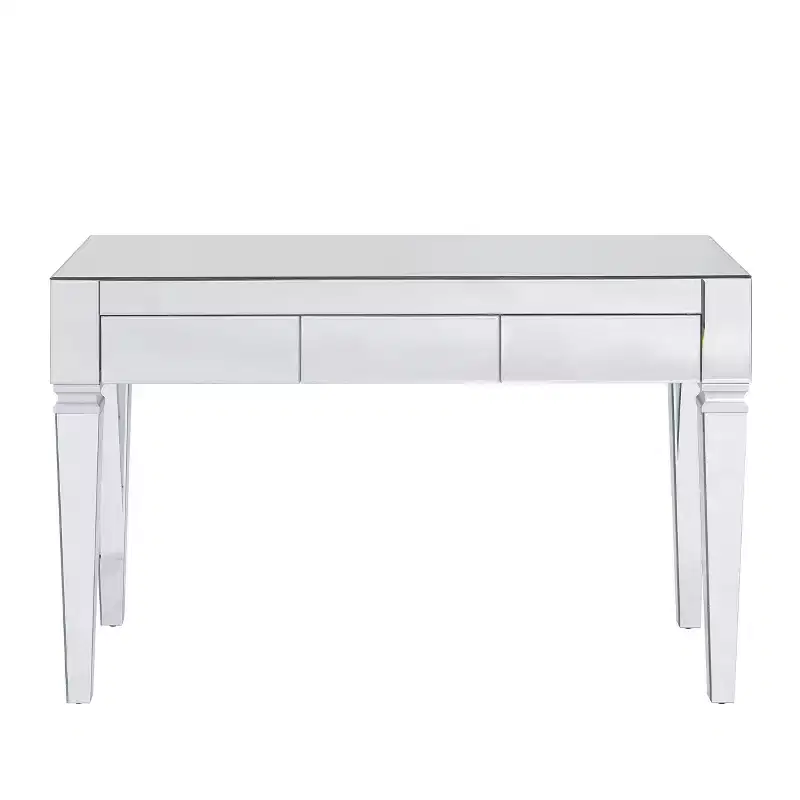 Glam Mirrored Desk with 3 Storage Drawers - Silver