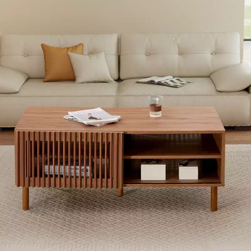 Modern Coffee Table with Storage - 44" Fluted Sliding Doors & Dual Side Shelves