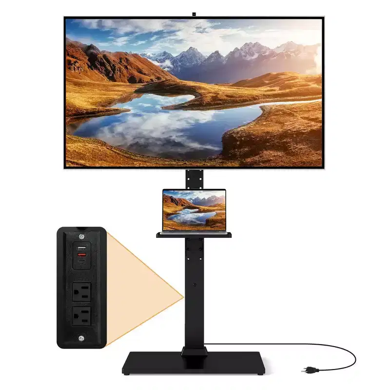 Costway Floor TV Stand with Power Outlet Height Adjustable Tall TV Stand with Storage Shelf