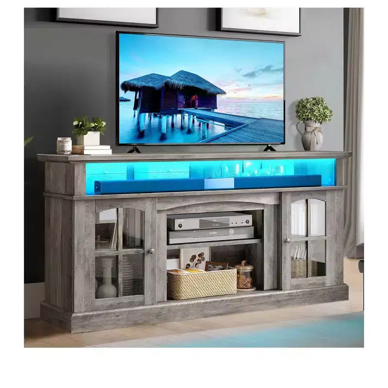 Grey Farmhouse TV Stand with RGB LED & Glass Doors, Fits up to 70 TV, 1-Piece
