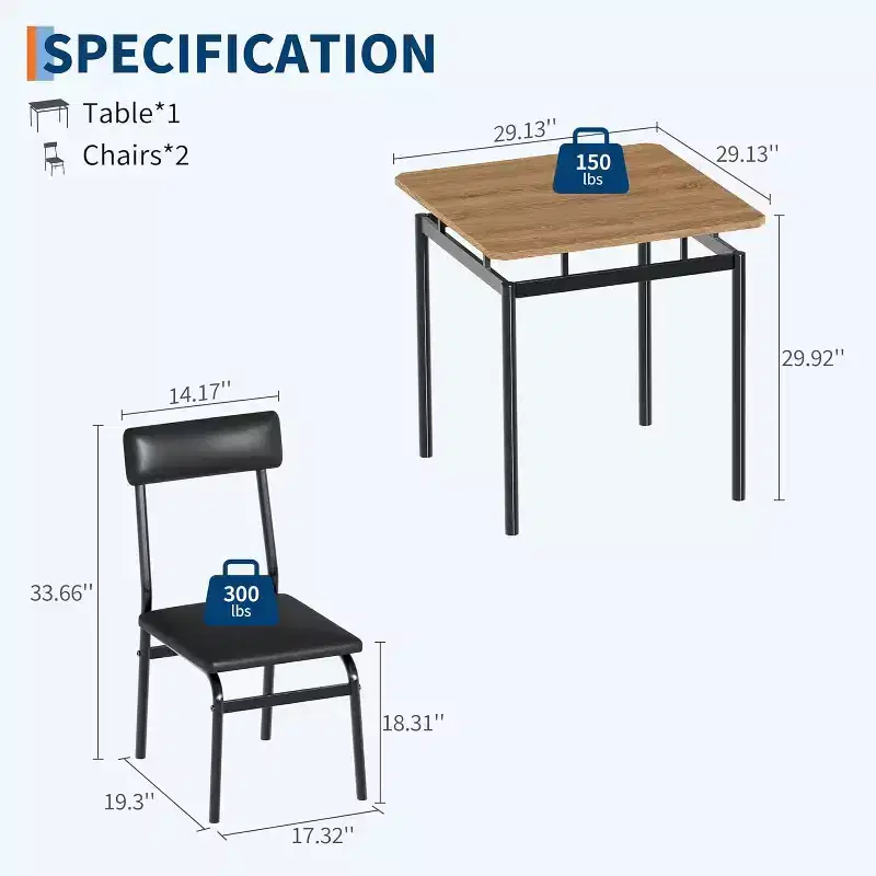 Acekool 3-Piece Dining Table Set with Brown PU Cushioned Chairs, Grain for Compact Dining Room