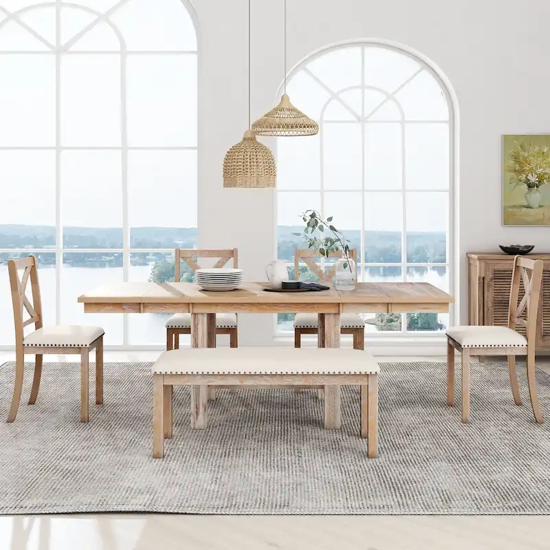 Farmhouse Wooden Dining Table with Extendable Table & 4 Chairs