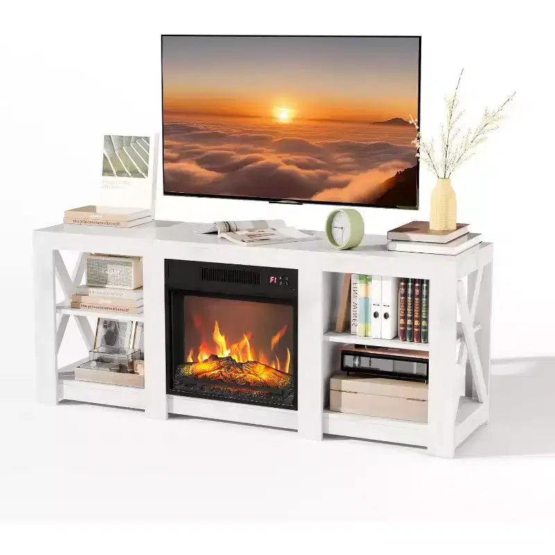 VINGLI Fireplace TV Stand for up to 70 inch TVs, Farmhouse Entertainment Center with Electric Fireplace Heater & Adjustable Shelves