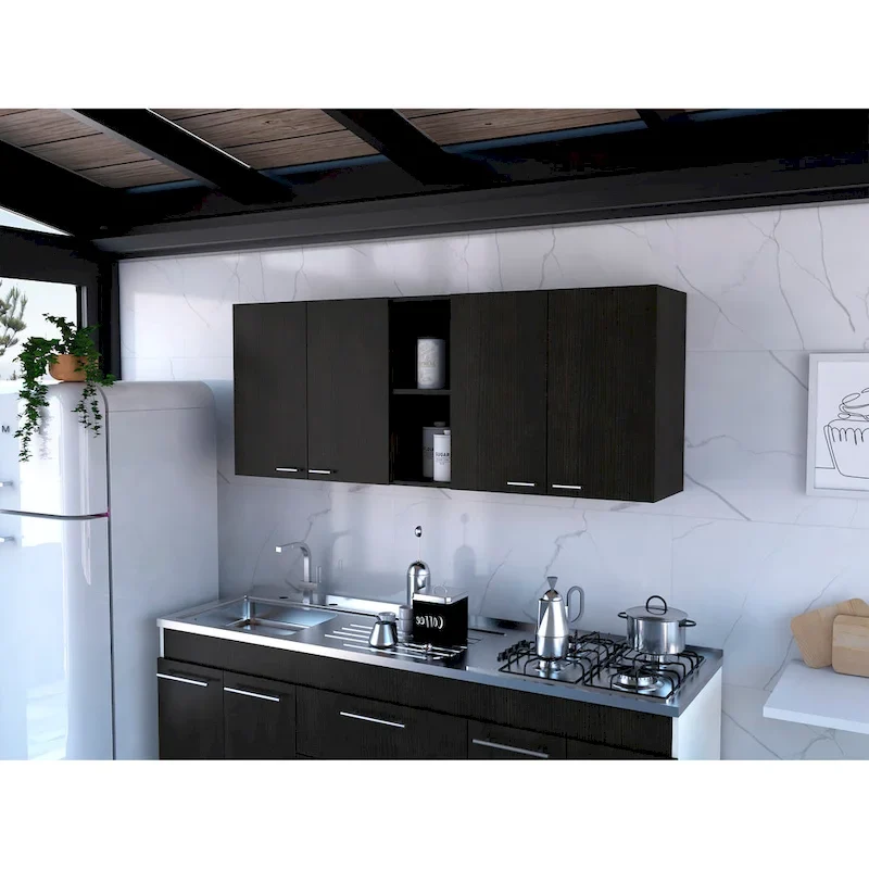 Wall Cabinet with 2 Double Doors, Dish Rack, 2 Open Shelves, and 2 Inner Shelves