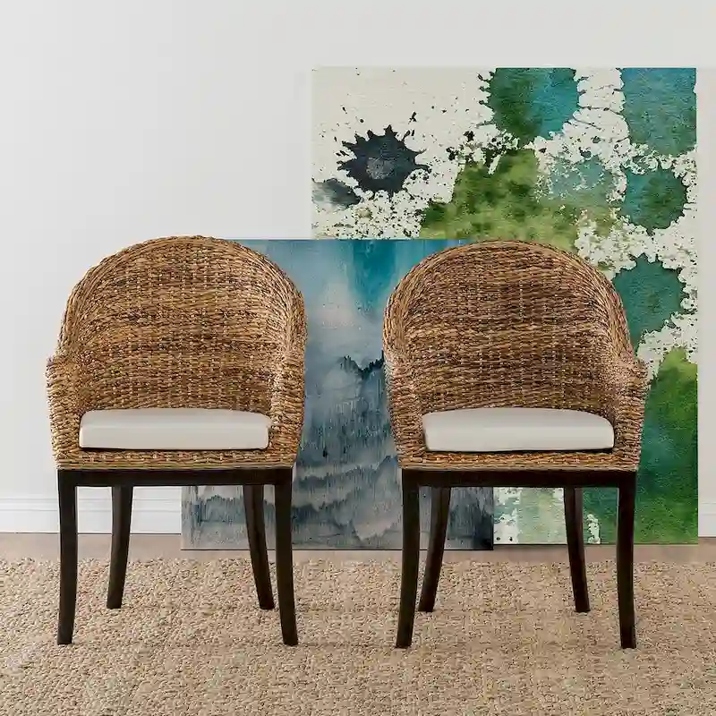 Rattan and Abaca Woven Side Chair with Removable Cushion
