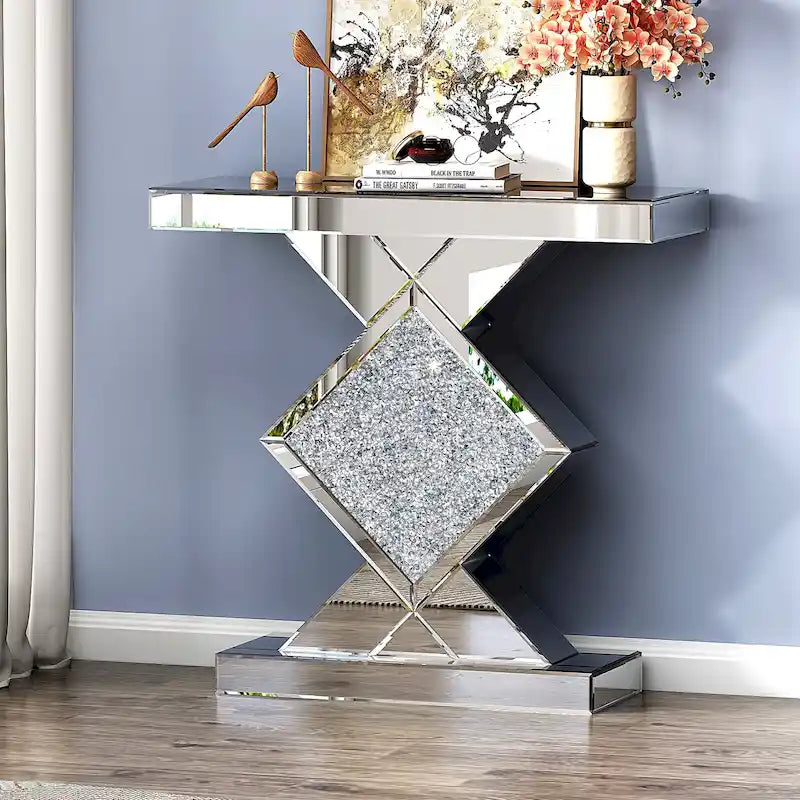 Geometric Mirrored Console Table – Silver, Glam Style, Diamond Lattice Base