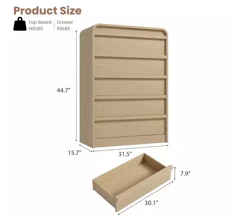 5 Drawer Dresser for Bedroom, 45 Tall Wooden Dressers with Curved Profile Design, Mid Century Chest of Drawers Closet Clothes Storage Organizer