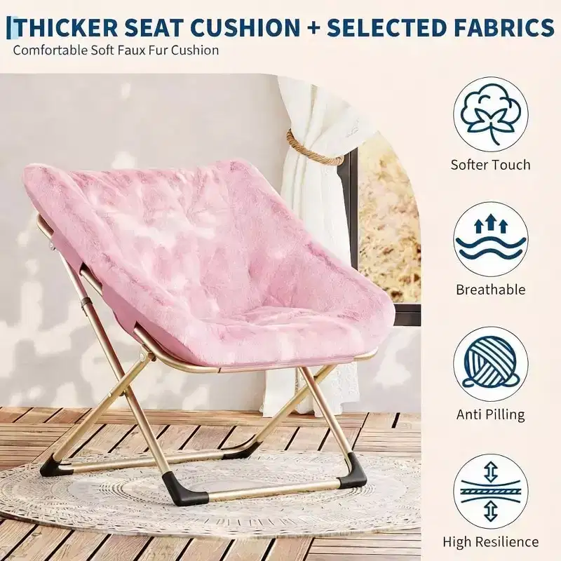 Rabbit Fur Saucer Chair, Foldable Comfy Lounge Chair, for Kids, Teens & Adults, Cozy Indoor Sofa for Bedroom, Dorm, Living Room, Pink