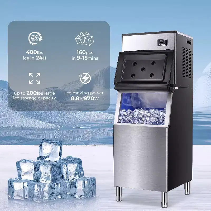 Ice Maker Machine Commercialuring a 352 lbs/24H production capacity, includes a 198 lbs ice bin and comes with a scoop
