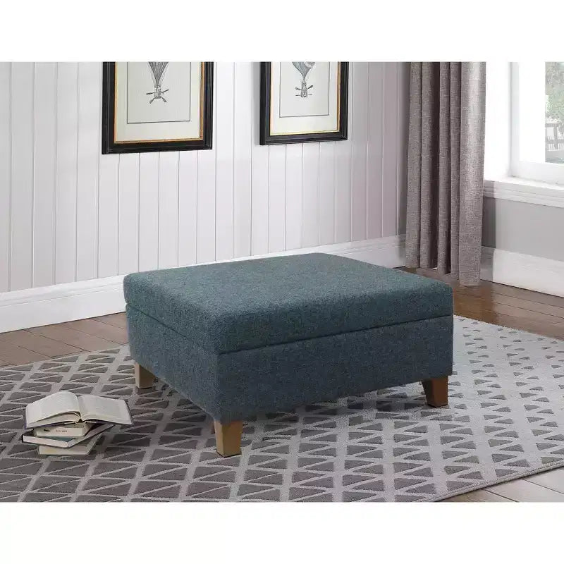 32" Square Storage Ottoman with Hinged Lid, Textured Navy Fabric & Wood Legs